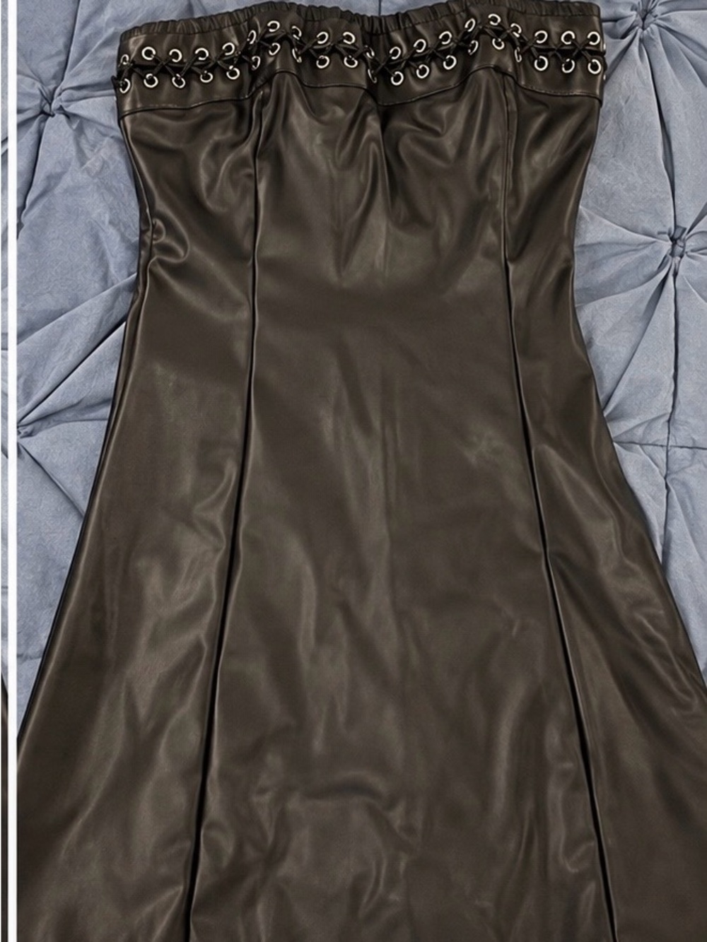 Cider Strapless Faux Leather Dress in Black with Eyelet Trim